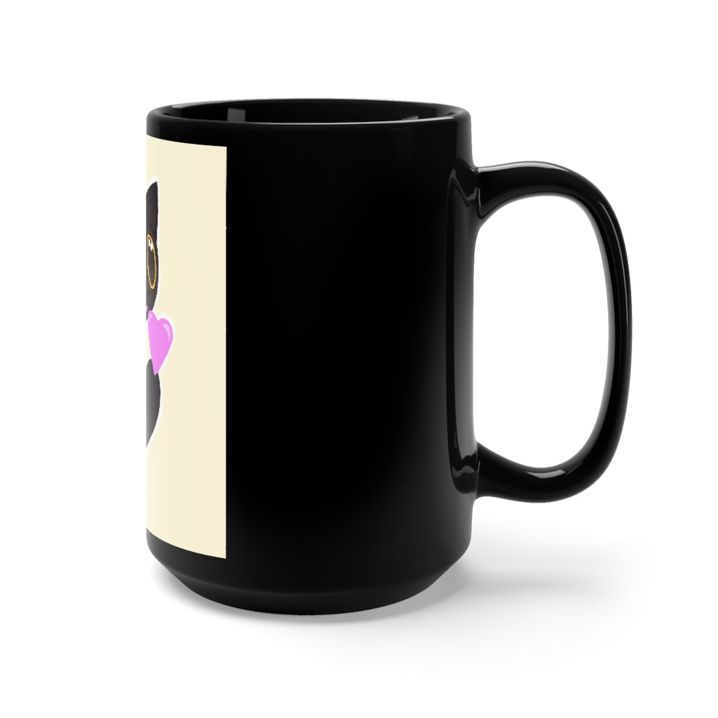 Black Kitty Black Mug 15oz with rounded corners and C-handle, showcasing a sleek black ceramic design.