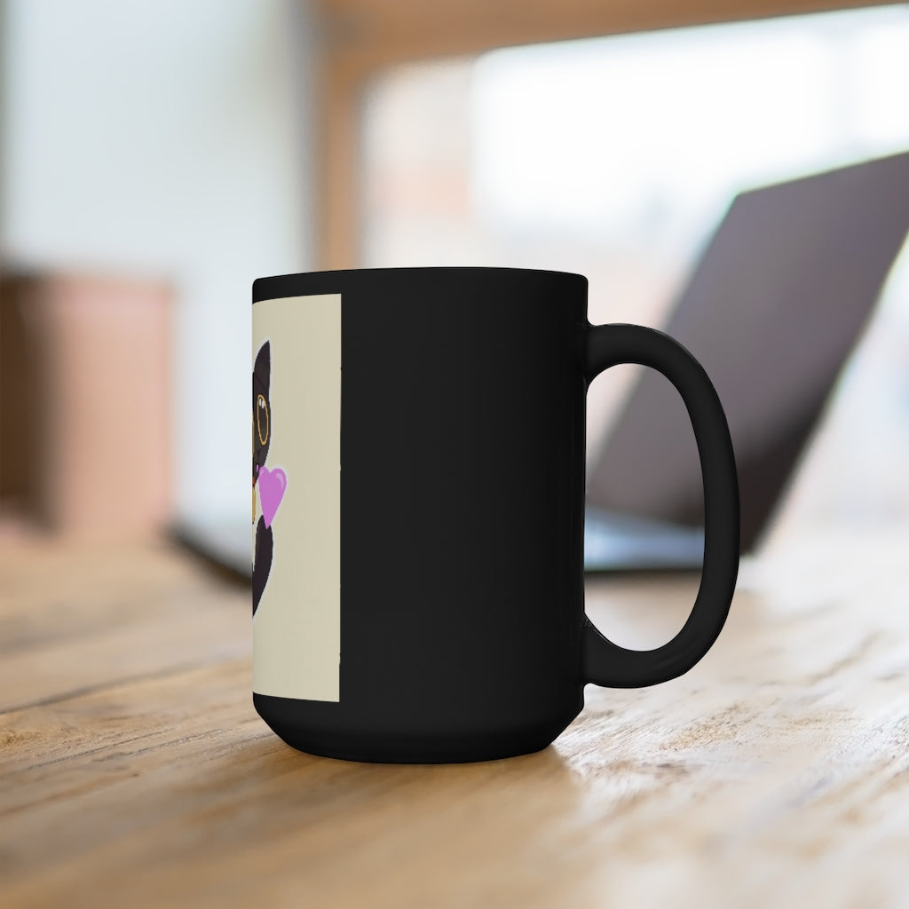 Black Kitty Black Mug 15oz with rounded corners and C-handle, showcasing a sleek black ceramic design.