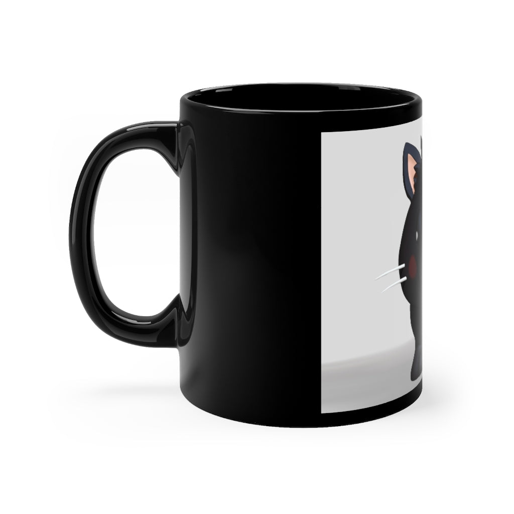 A stylish 11oz black ceramic mug with rounded corners and a C-handle, featuring full-wrap decoration for personalization.