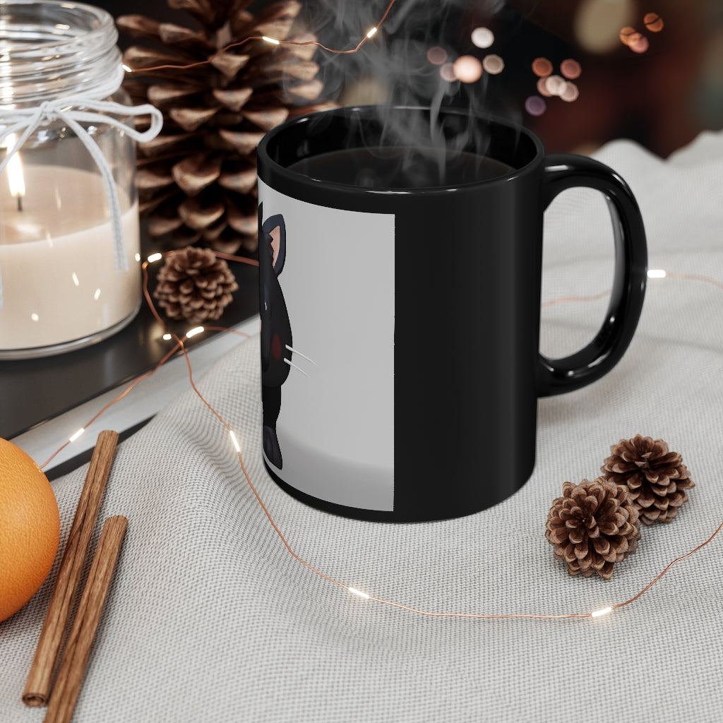 A stylish 11oz black ceramic mug with rounded corners and a C-handle, featuring full-wrap decoration for personalization.