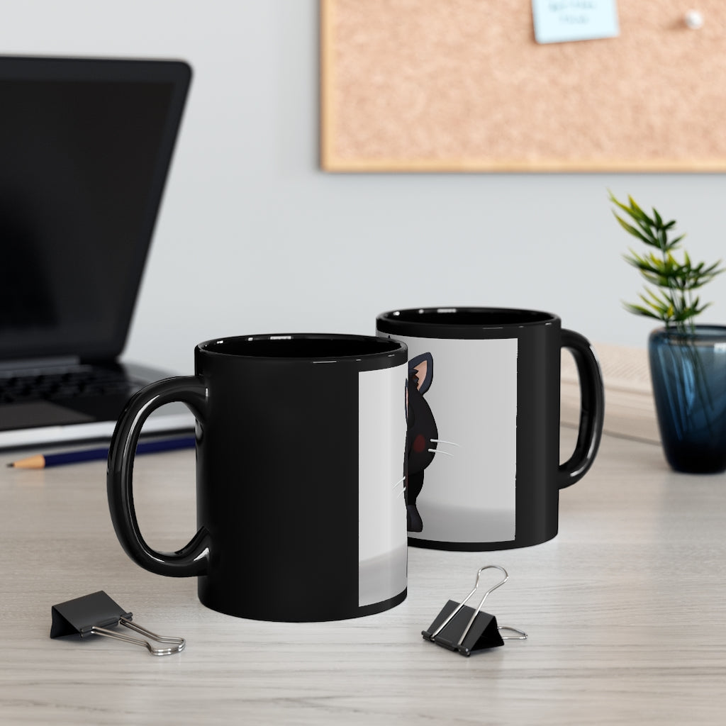 A stylish 11oz black ceramic mug with rounded corners and a C-handle, featuring full-wrap decoration for personalization.