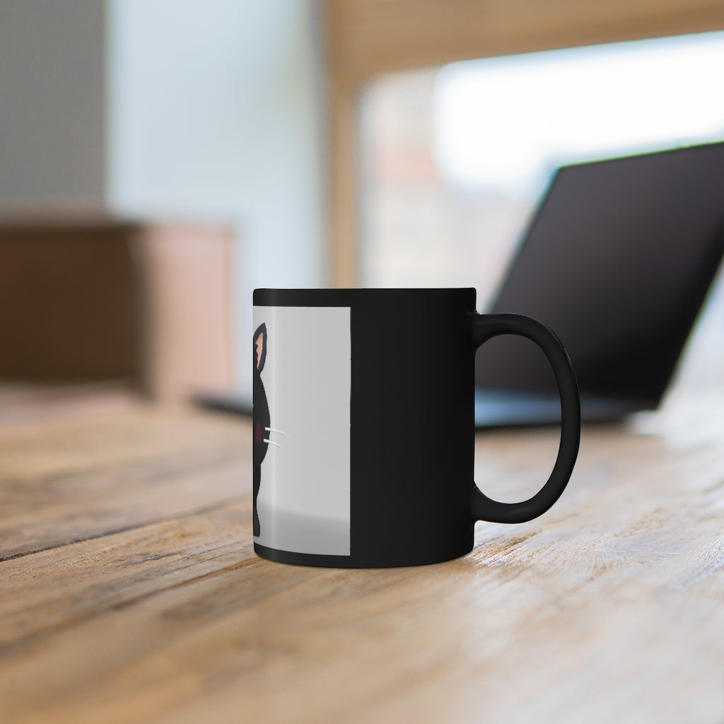 A stylish 11oz black ceramic mug with rounded corners and a C-handle, featuring full-wrap decoration for personalization.