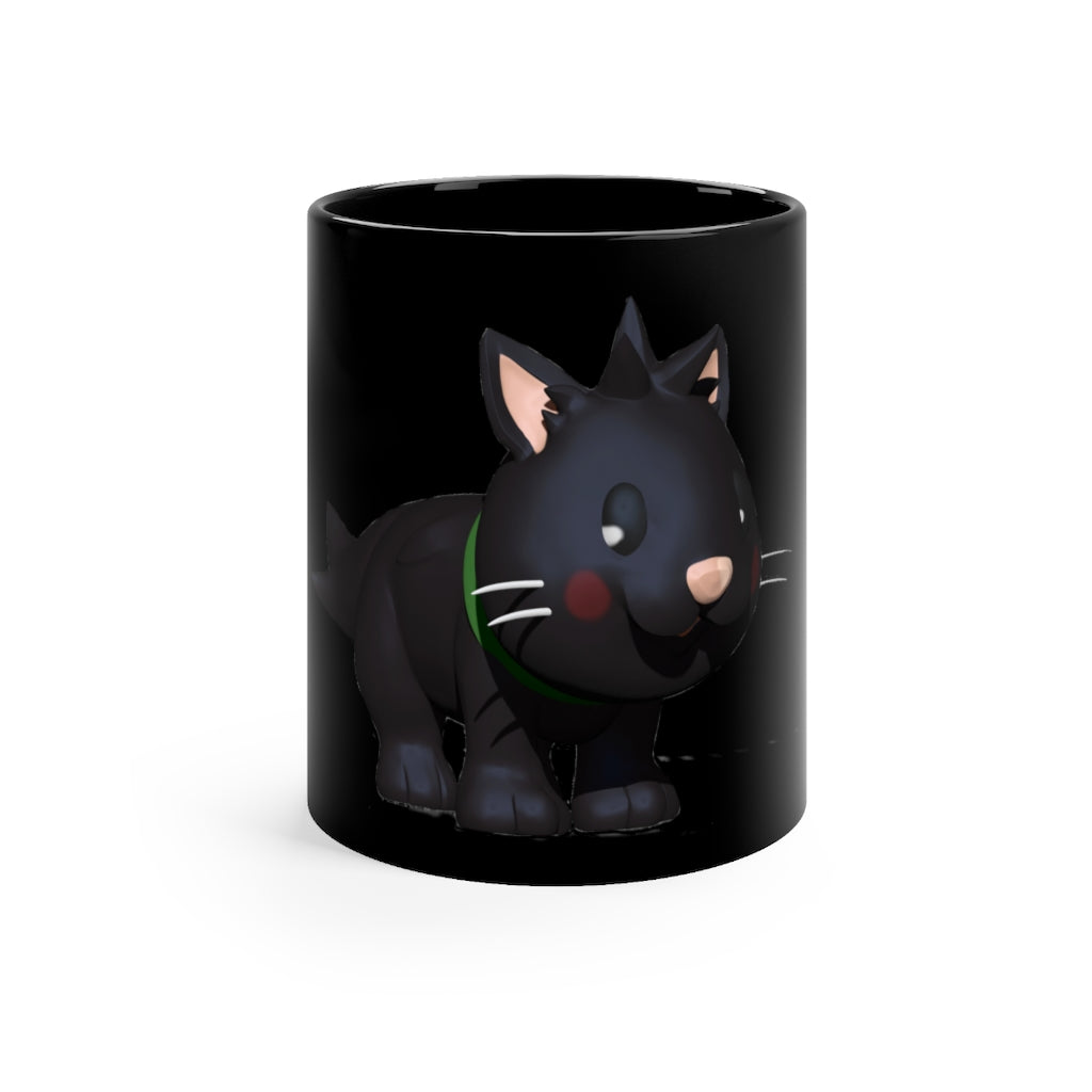 A sleek black ceramic mug with rounded corners and a C-handle, featuring a full-wrap decoration design.