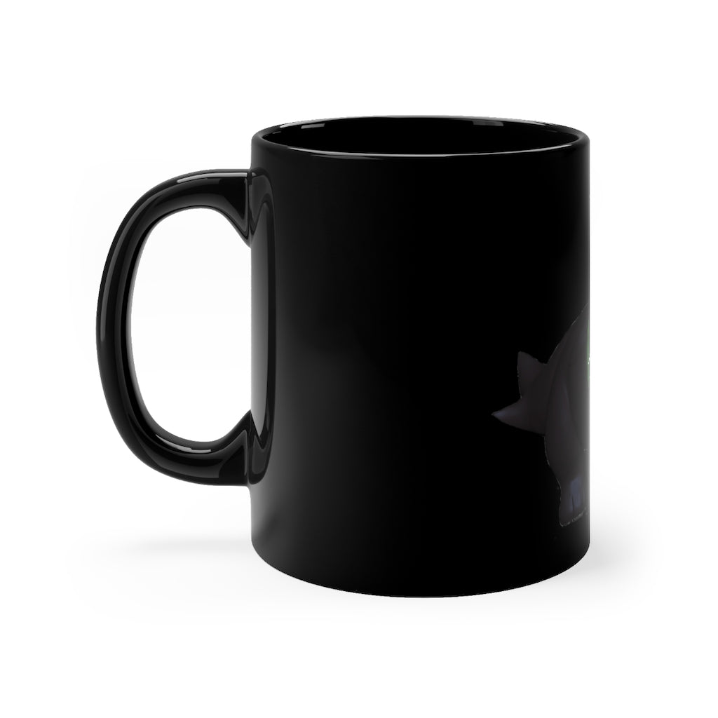 A sleek black ceramic mug with rounded corners and a C-handle, featuring a full-wrap decoration design.