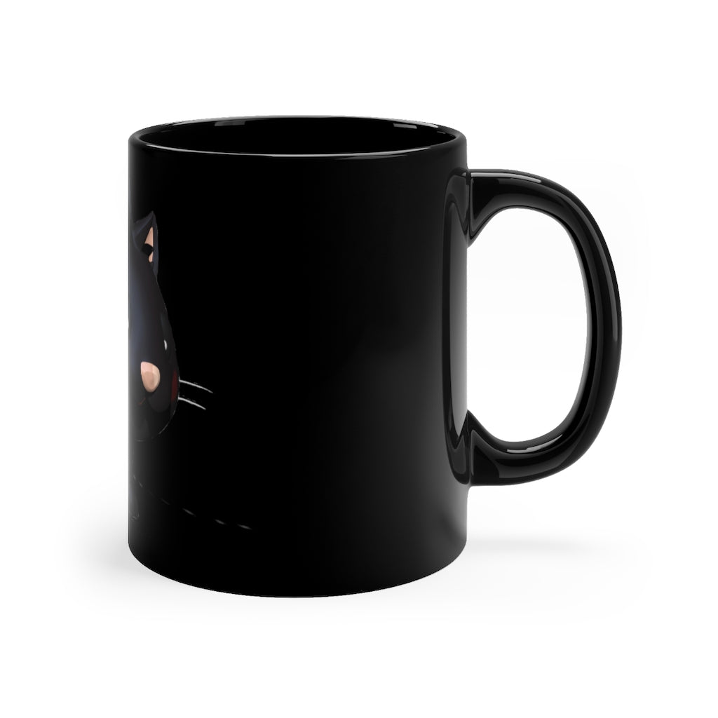 A sleek black ceramic mug with rounded corners and a C-handle, featuring a full-wrap decoration design.