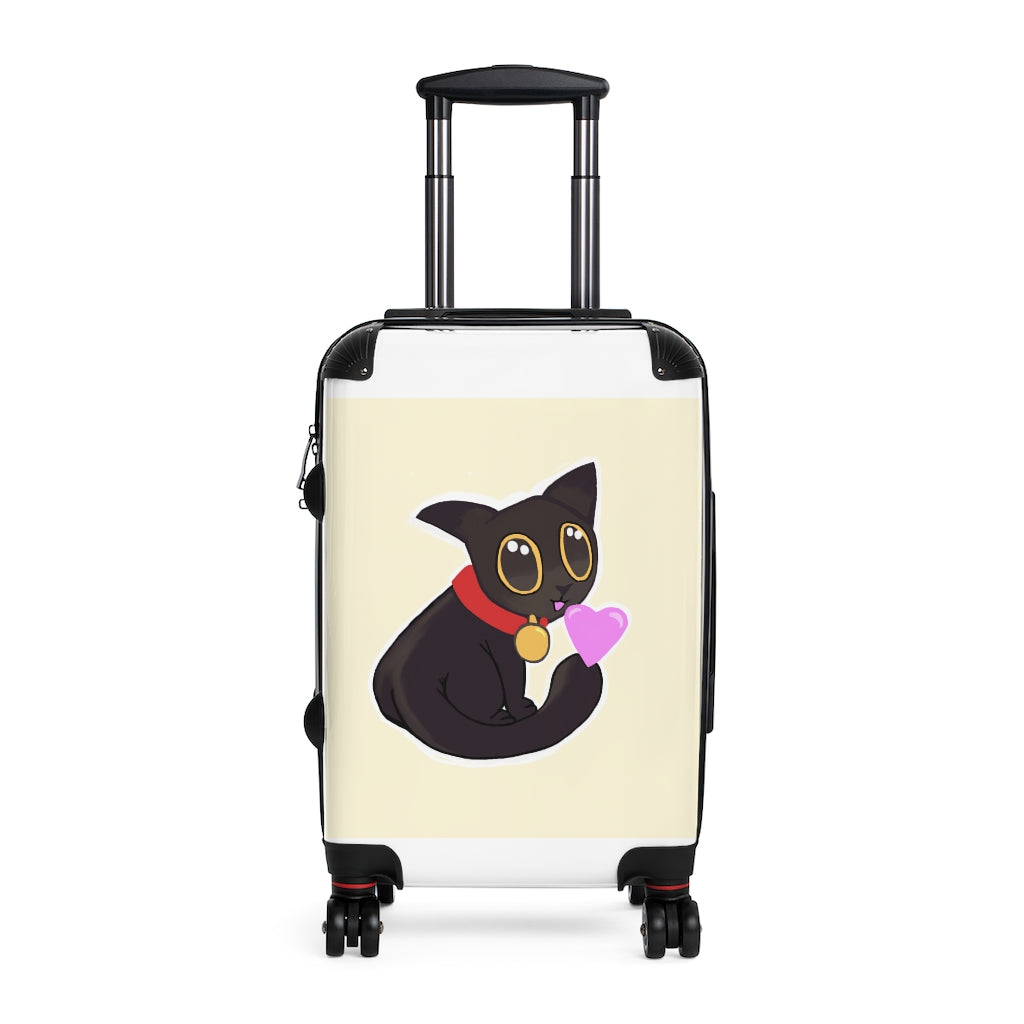 Black Kitty Cabin Suitcase featuring personalized design, adjustable handle, and durable faux leather material.