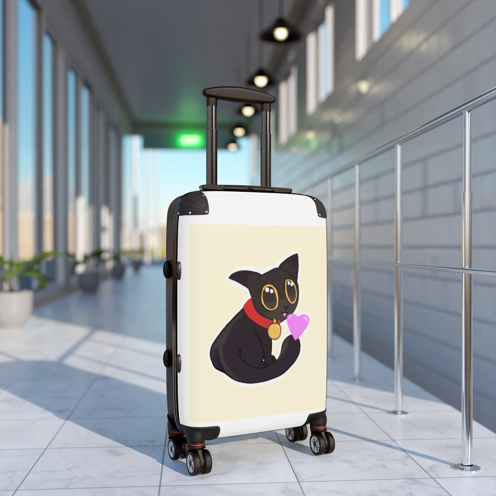 Black Kitty Cabin Suitcase featuring personalized design, adjustable handle, and durable faux leather material.