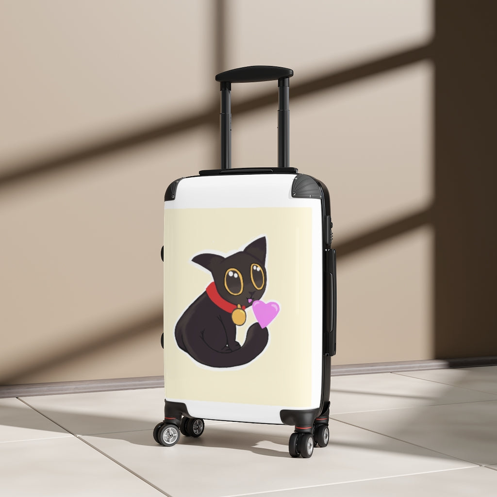 Black Kitty Cabin Suitcase featuring personalized design, adjustable handle, and durable faux leather material.