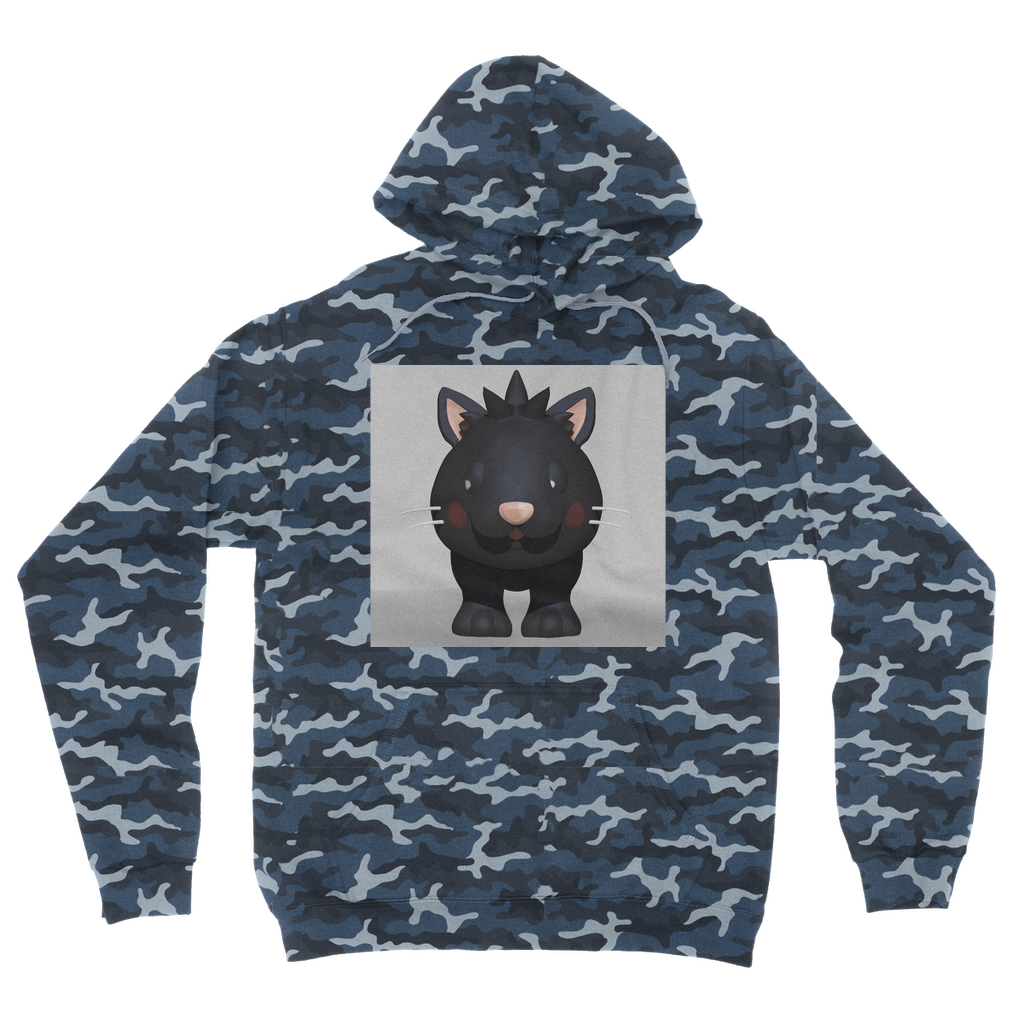 Black Kitty Camouflage Adult Hoodie featuring a classic camo print, flat lace drawcords, and kangaroo pouch pocket.