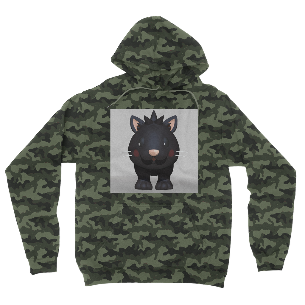 Black Kitty Camouflage Adult Hoodie featuring a classic camo print, flat lace drawcords, and kangaroo pouch pocket.