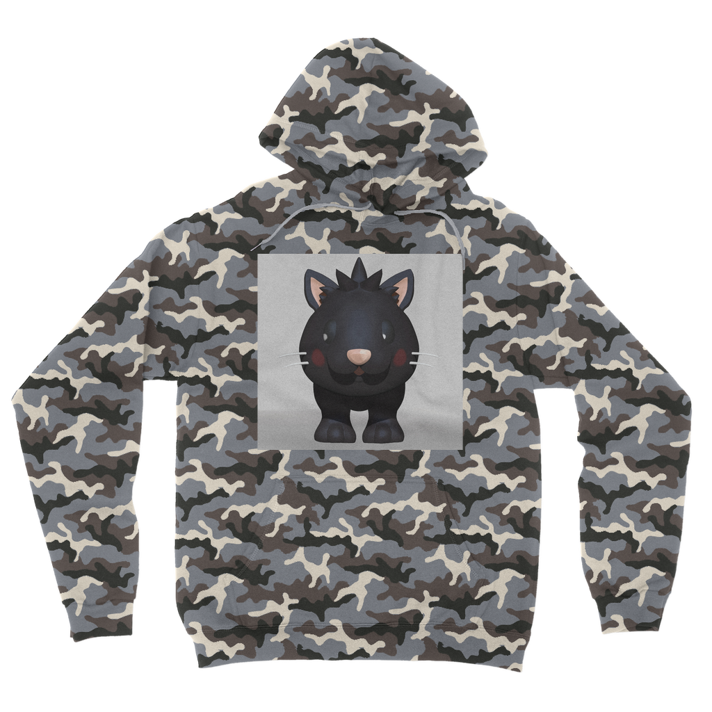 Black Kitty Camouflage Adult Hoodie featuring a classic camo print, flat lace drawcords, and kangaroo pouch pocket.