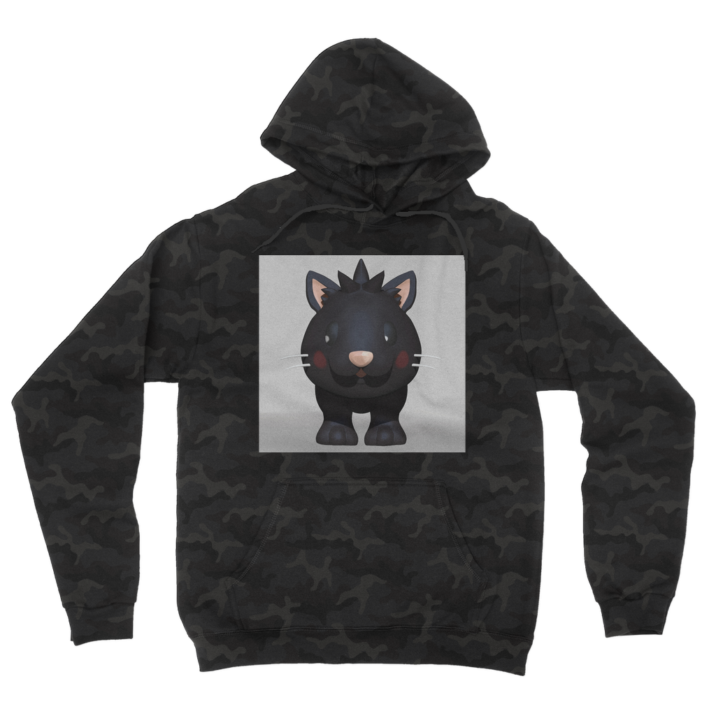 Black Kitty Camouflage Adult Hoodie featuring a classic camo print, flat lace drawcords, and kangaroo pouch pocket.