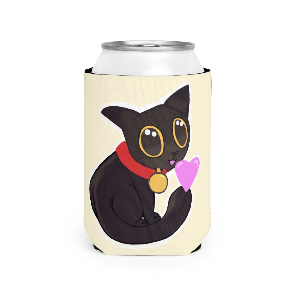 Black Kitty Can Cooler Sleeve made of durable neoprene, designed to fit standard 12oz cans, featuring a sleek black interior.