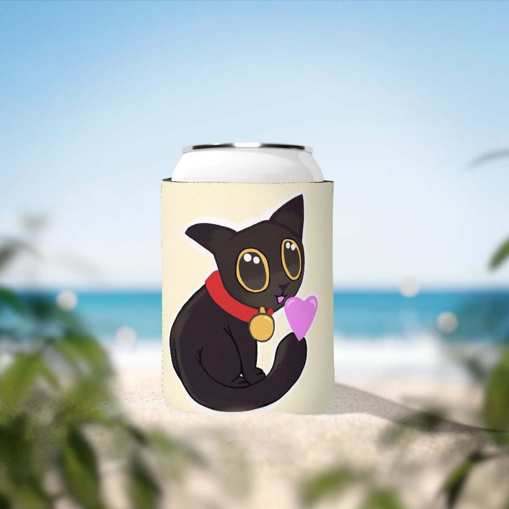 Black Kitty Can Cooler Sleeve made of durable neoprene, designed to fit standard 12oz cans, featuring a sleek black interior.