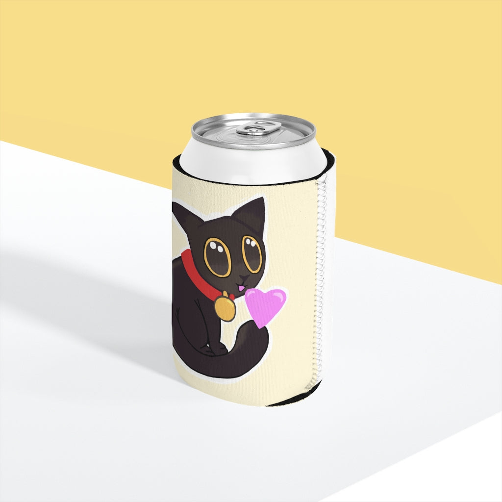 Black Kitty Can Cooler Sleeve made of durable neoprene, designed to fit standard 12oz cans, featuring a sleek black interior.