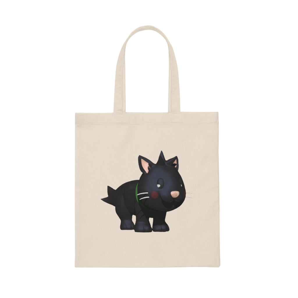 Black Kitty Canvas Tote Bag featuring a playful cat design, made from durable cotton sheeting with reinforced handles.