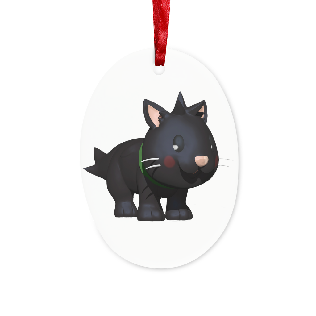 Black Kitty Ceramic Hanging Ornament with red ribbon and gold string, perfect for Christmas decoration or gifting.