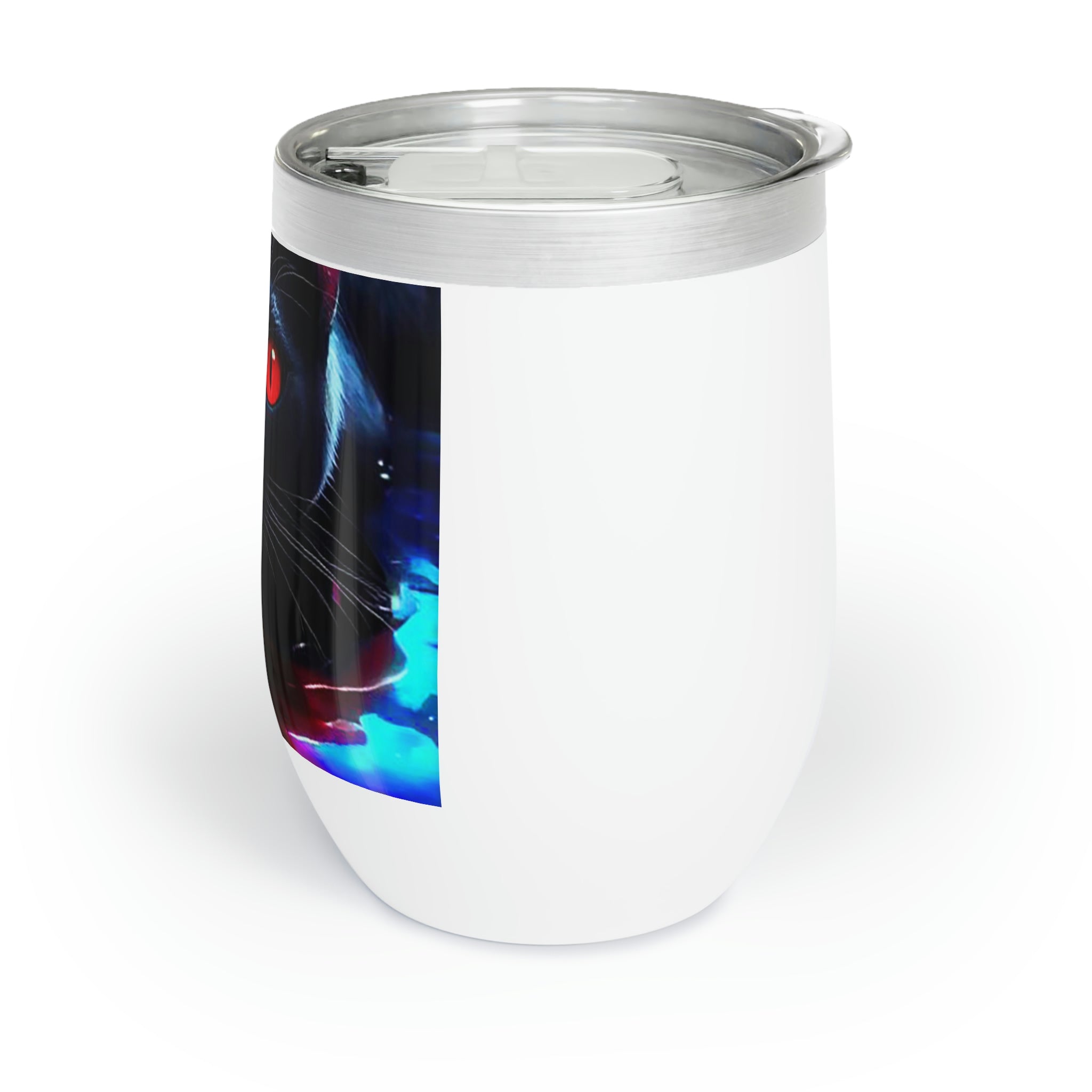 Black Kitty Chill Wine Tumbler with a sleek stainless steel design, featuring double-insulated walls for temperature retention and a customizable surface.