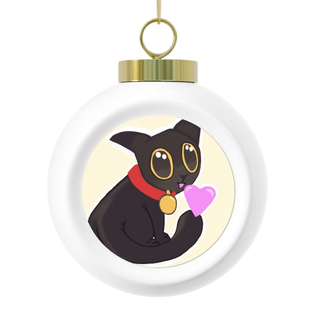 A glossy black Christmas ball ornament featuring a cute kitty design, adorned with a gold ribbon for hanging, perfect for holiday decor.