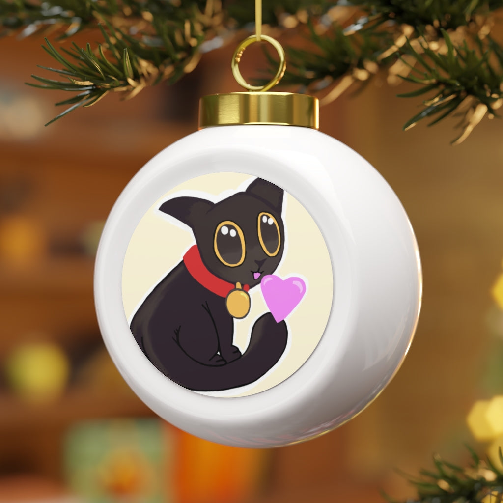 A glossy black Christmas ball ornament featuring a cute kitty design, adorned with a gold ribbon for hanging, perfect for holiday decor.