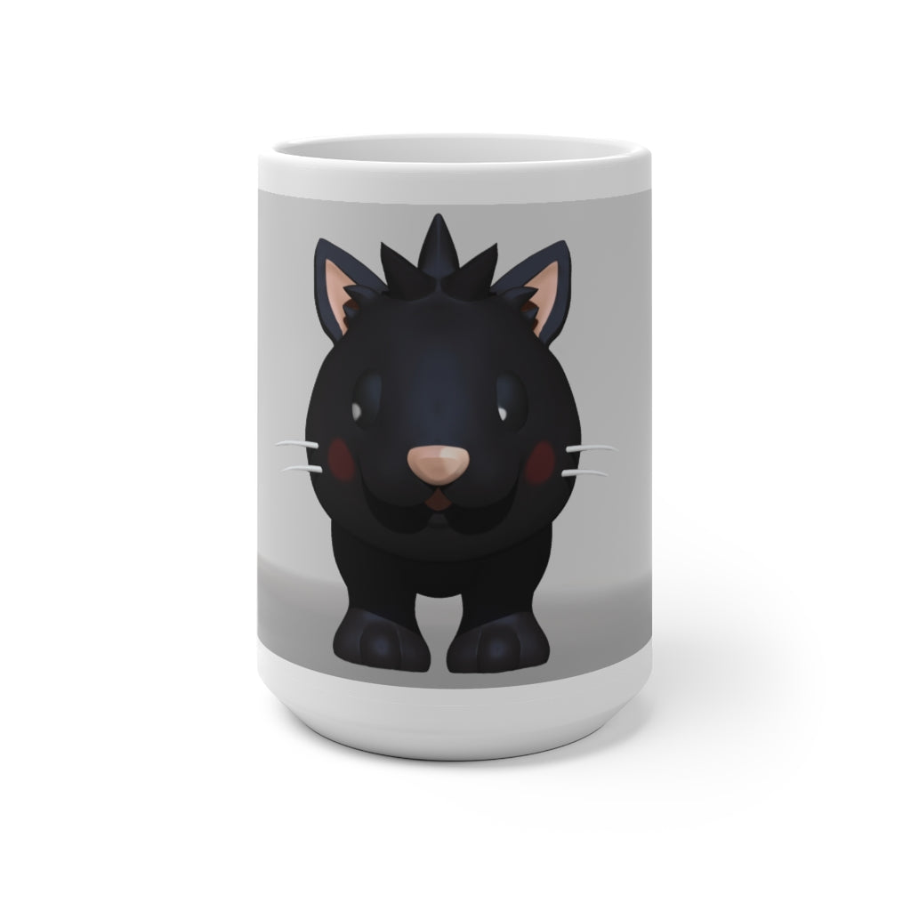 A whimsical black kitty color changing mug showcasing its unique design and color transformation when filled with hot liquid.