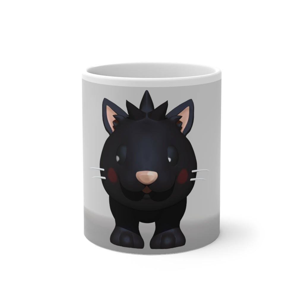 A whimsical black kitty color changing mug showcasing its unique design and color transformation when filled with hot liquid.