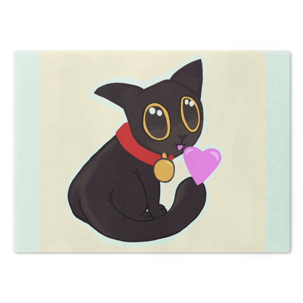 Black Kitty Cutting Board made of tempered glass with rubber dots for stability, featuring a whimsical black kitty design.