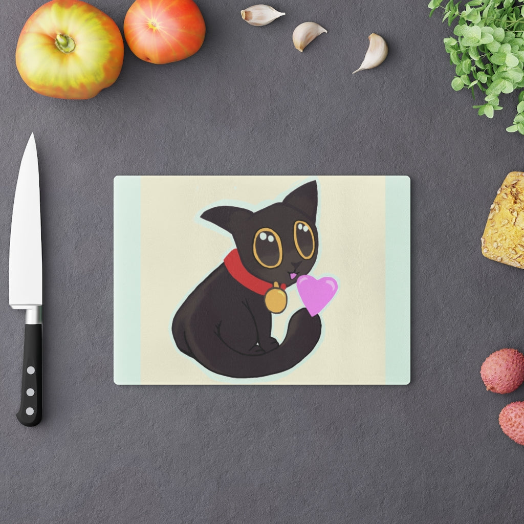 Black Kitty Cutting Board made of tempered glass with rubber dots for stability, featuring a whimsical black kitty design.