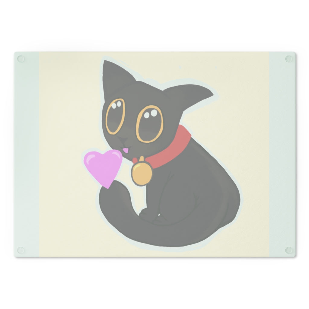 Black Kitty Cutting Board made of tempered glass with rubber dots for stability, featuring a whimsical black kitty design.