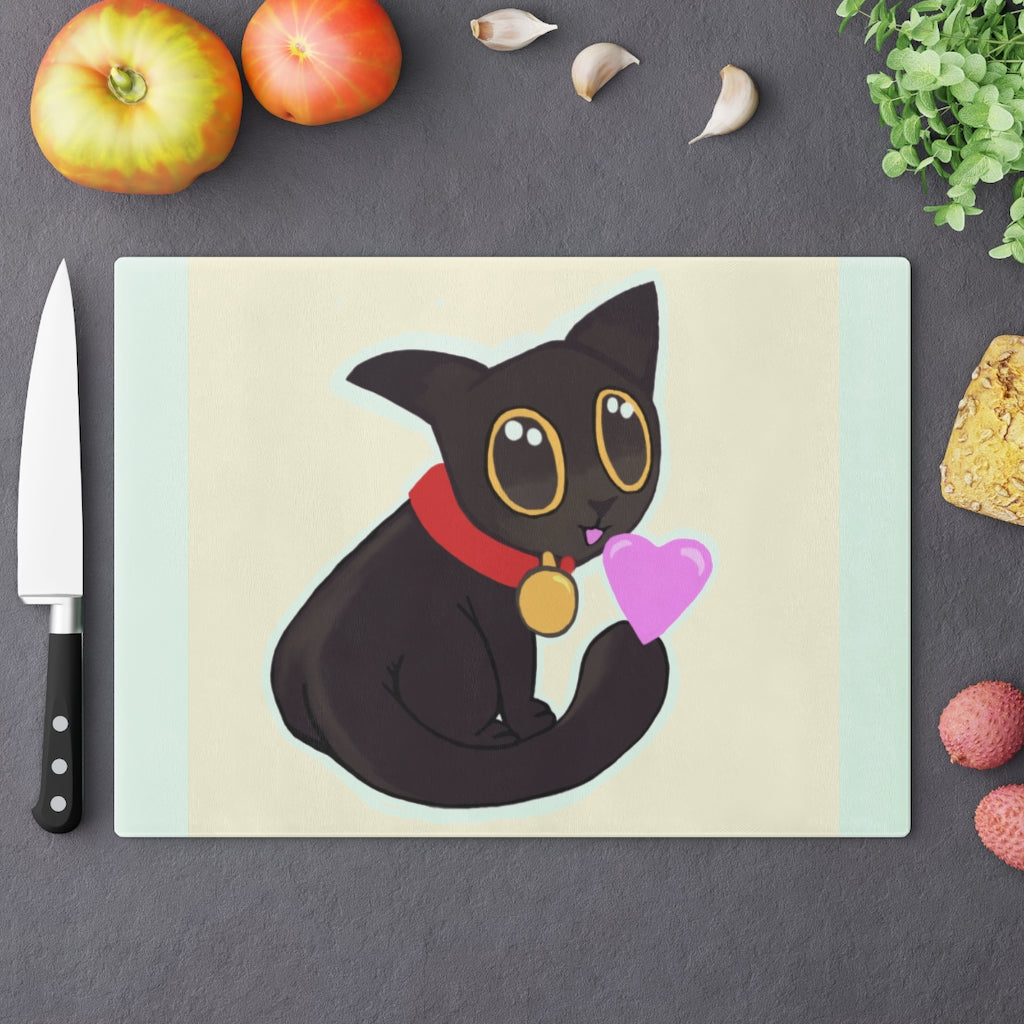 Black Kitty Cutting Board made of tempered glass with rubber dots for stability, featuring a whimsical black kitty design.