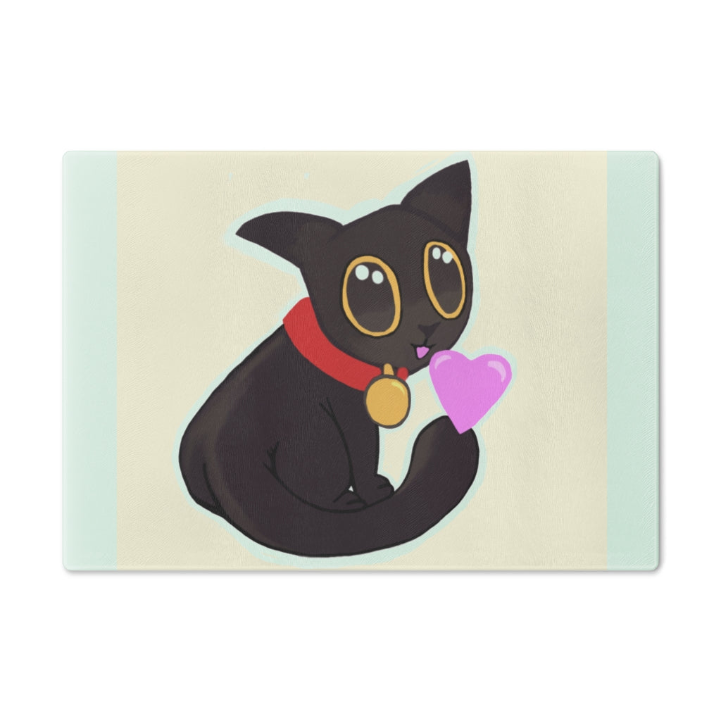 Black Kitty Cutting Board made of tempered glass with rubber dots for stability, featuring a whimsical black kitty design.