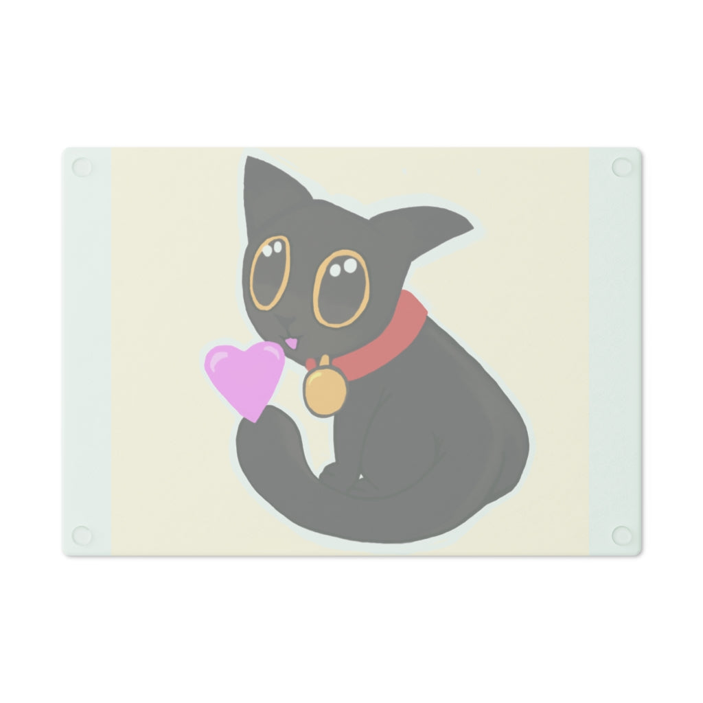 Black Kitty Cutting Board made of tempered glass with rubber dots for stability, featuring a whimsical black kitty design.