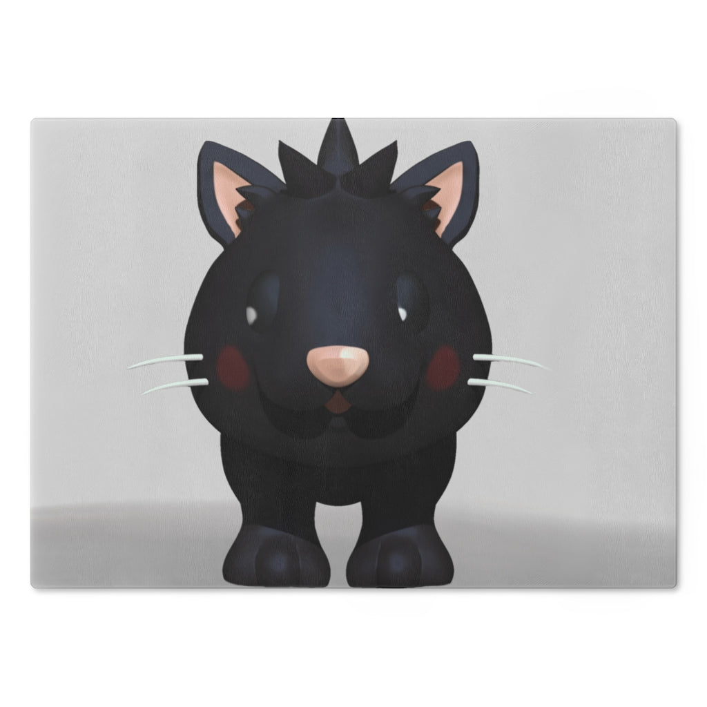 A stylish Black Kitty Cutting Board made of tempered glass, featuring a cute black cat design and four rubber dots for stability.