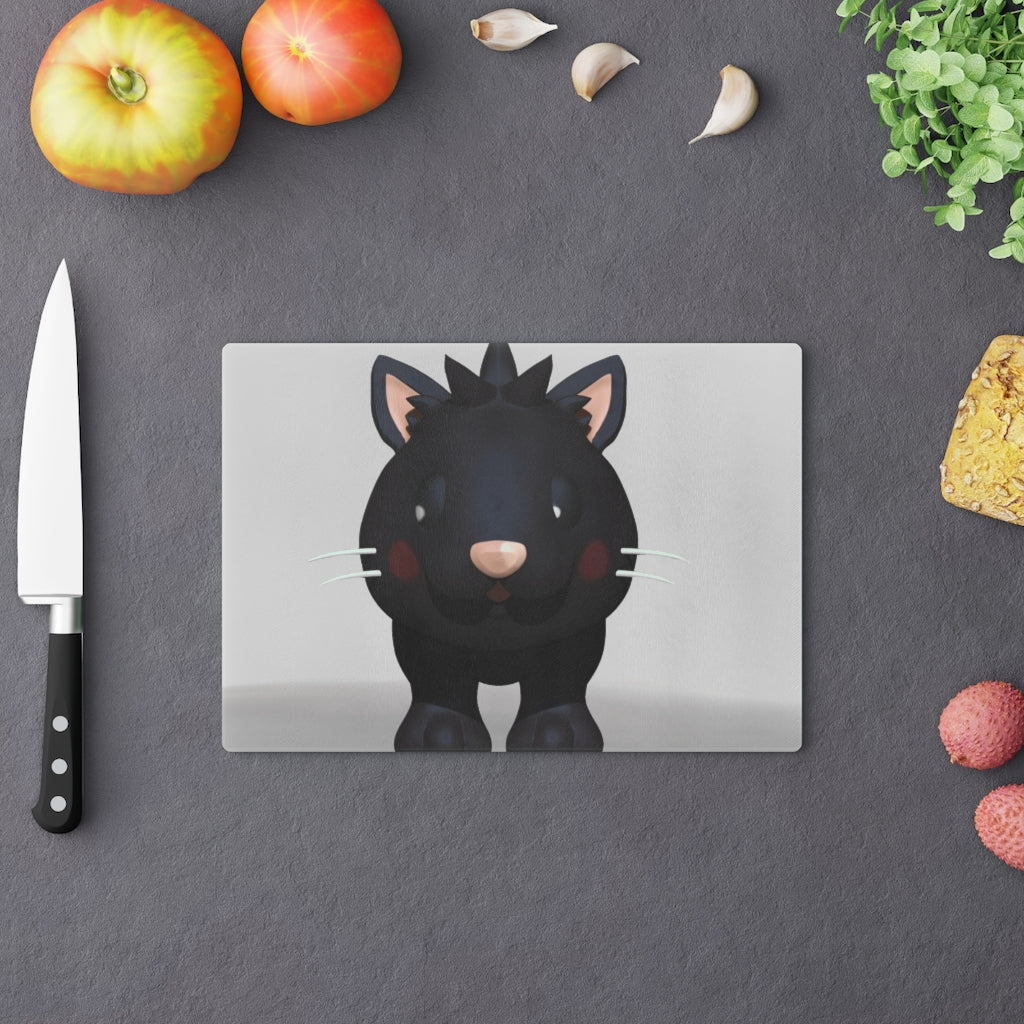 A stylish Black Kitty Cutting Board made of tempered glass, featuring a cute black cat design and four rubber dots for stability.