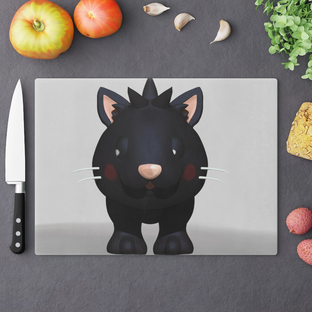 A stylish Black Kitty Cutting Board made of tempered glass, featuring a cute black cat design and four rubber dots for stability.