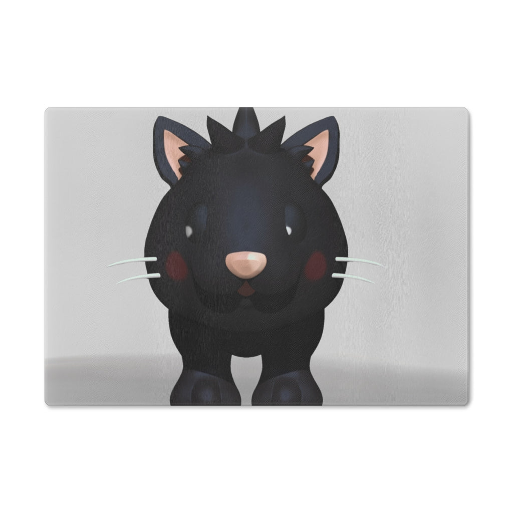 A stylish Black Kitty Cutting Board made of tempered glass, featuring a cute black cat design and four rubber dots for stability.