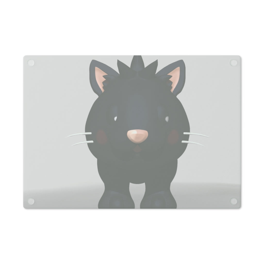 A stylish Black Kitty Cutting Board made of tempered glass, featuring a cute black cat design and four rubber dots for stability.