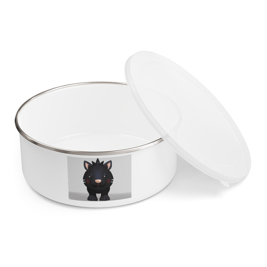 Black Kitty Enamel Bowl with translucent lid, featuring a playful kitty design and anti-slip backing.