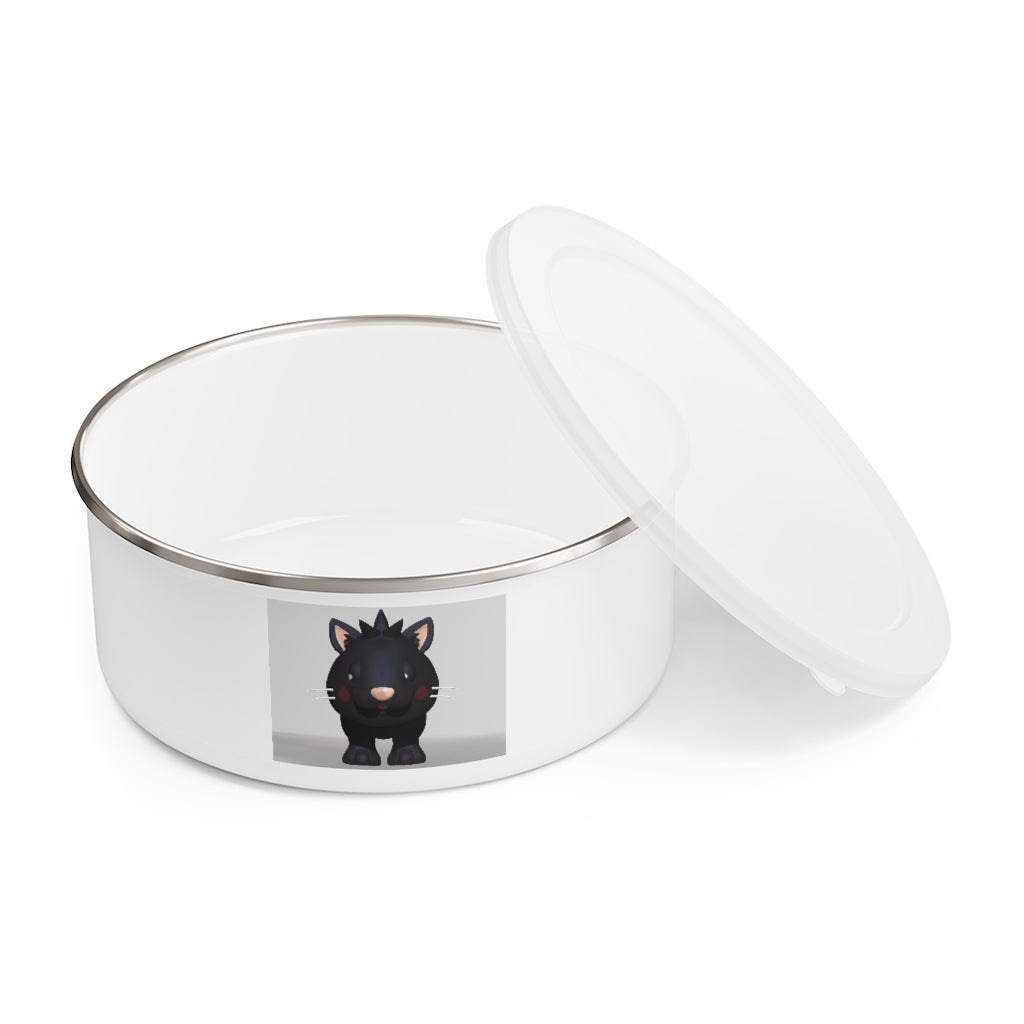 Black Kitty Enamel Bowl with translucent lid, featuring a playful kitty design and anti-slip backing.