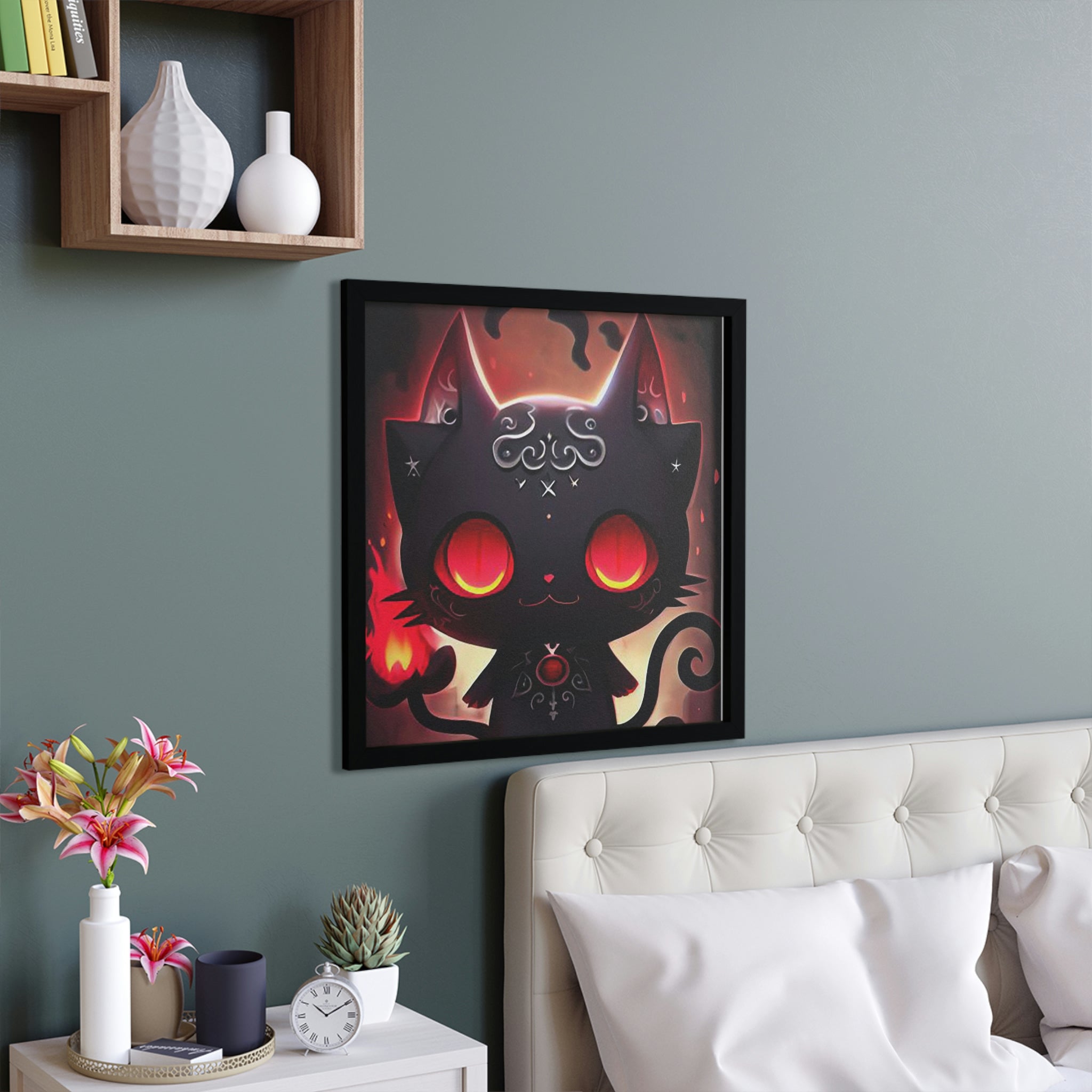 A stylish Black Kitty Framed Poster featuring a hand-crafted wooden frame, perfect for home decor.