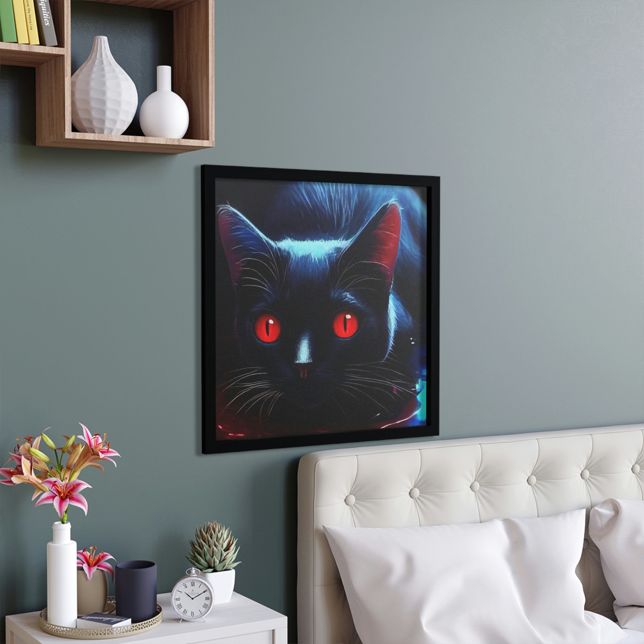 A stylish Black Kitty Framed Poster with a hand-crafted wooden frame, showcasing a charming cat design, perfect for home decor.