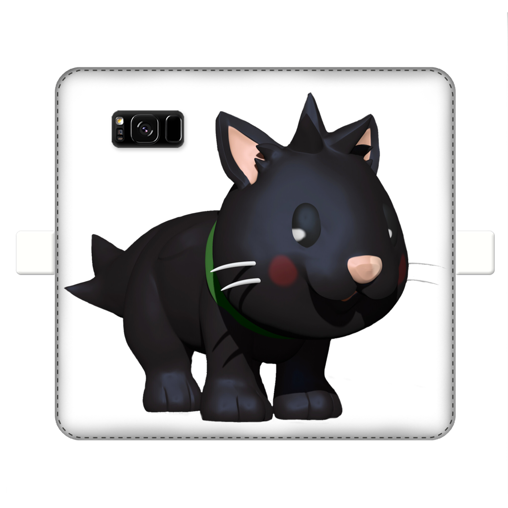 Black Kitty Fully Printed Wallet Case featuring a stylish design, magnetic closure, and faux leather material, suitable for iPhone and Samsung models.