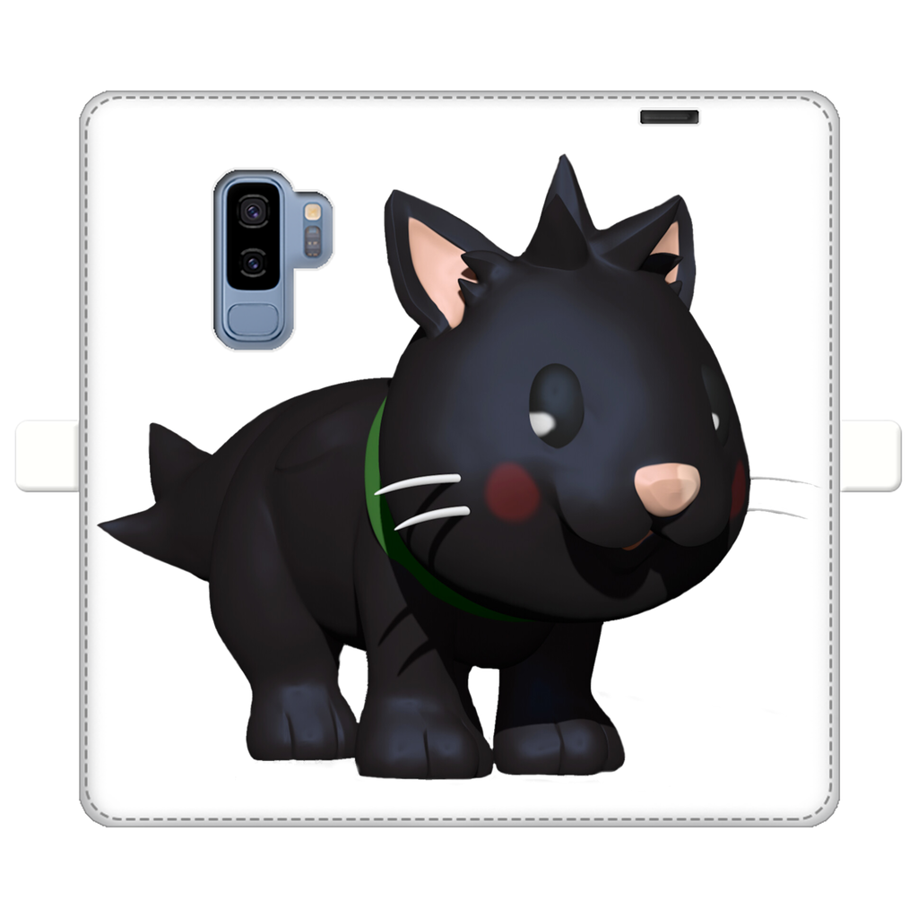 Black Kitty Fully Printed Wallet Case featuring a stylish design, magnetic closure, and faux leather material, suitable for iPhone and Samsung models.