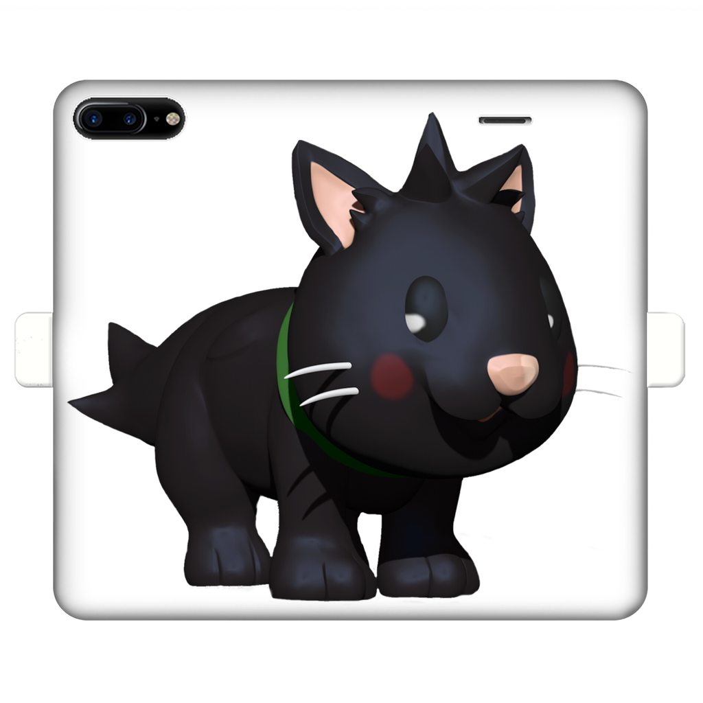 Black Kitty Fully Printed Wallet Case featuring a stylish design, magnetic closure, and faux leather material, suitable for iPhone and Samsung models.