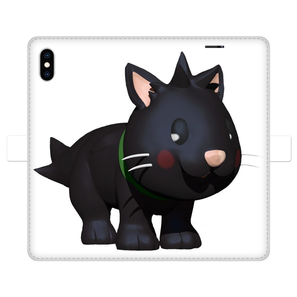 Black Kitty Fully Printed Wallet Case featuring a stylish design, magnetic closure, and faux leather material, suitable for iPhone and Samsung models.