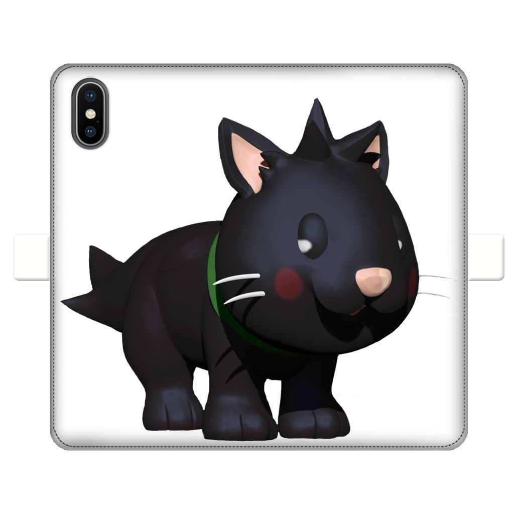 Black Kitty Fully Printed Wallet Case featuring a stylish design, magnetic closure, and faux leather material, suitable for iPhone and Samsung models.