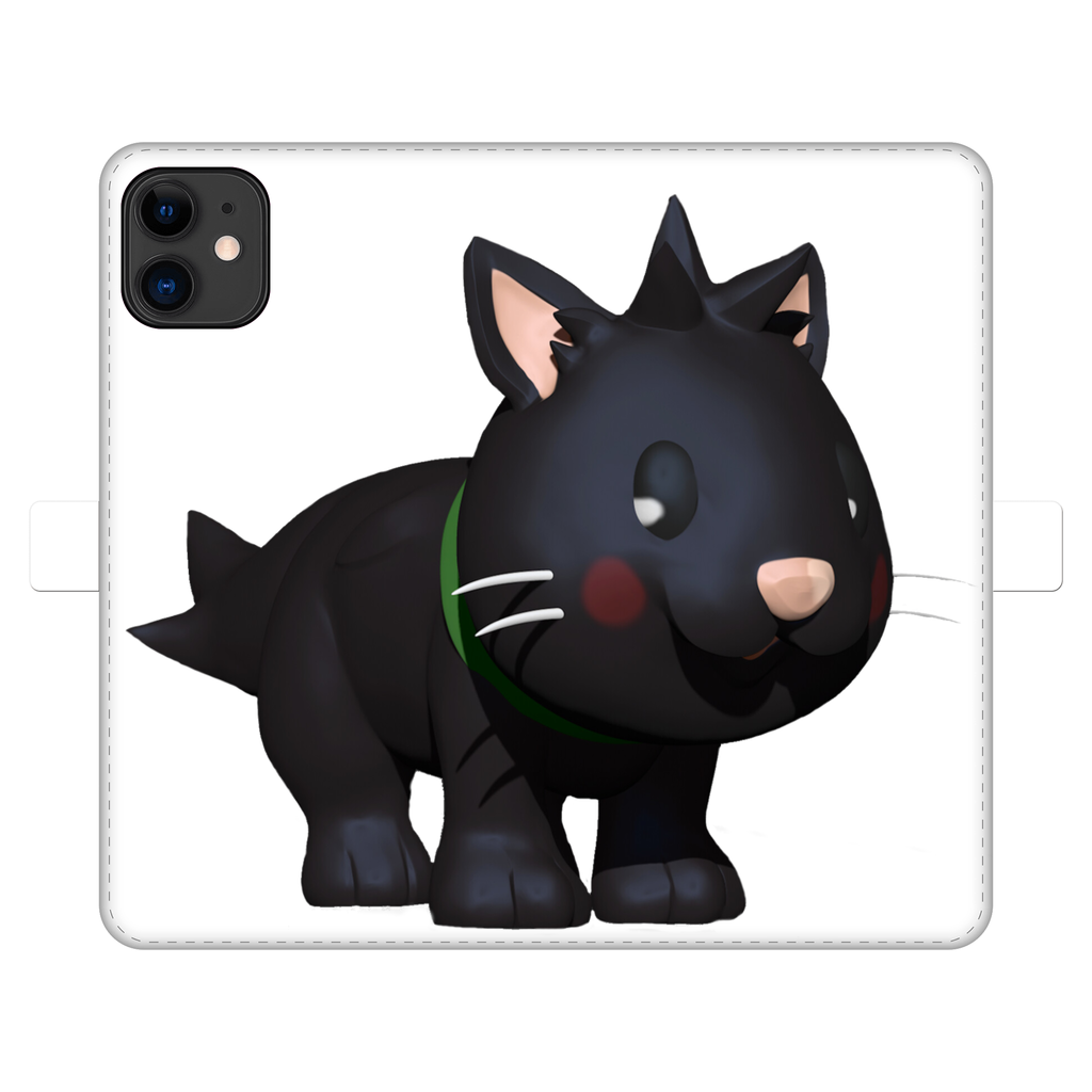 Black Kitty Fully Printed Wallet Case featuring a stylish design, magnetic closure, and faux leather material, suitable for iPhone and Samsung models.