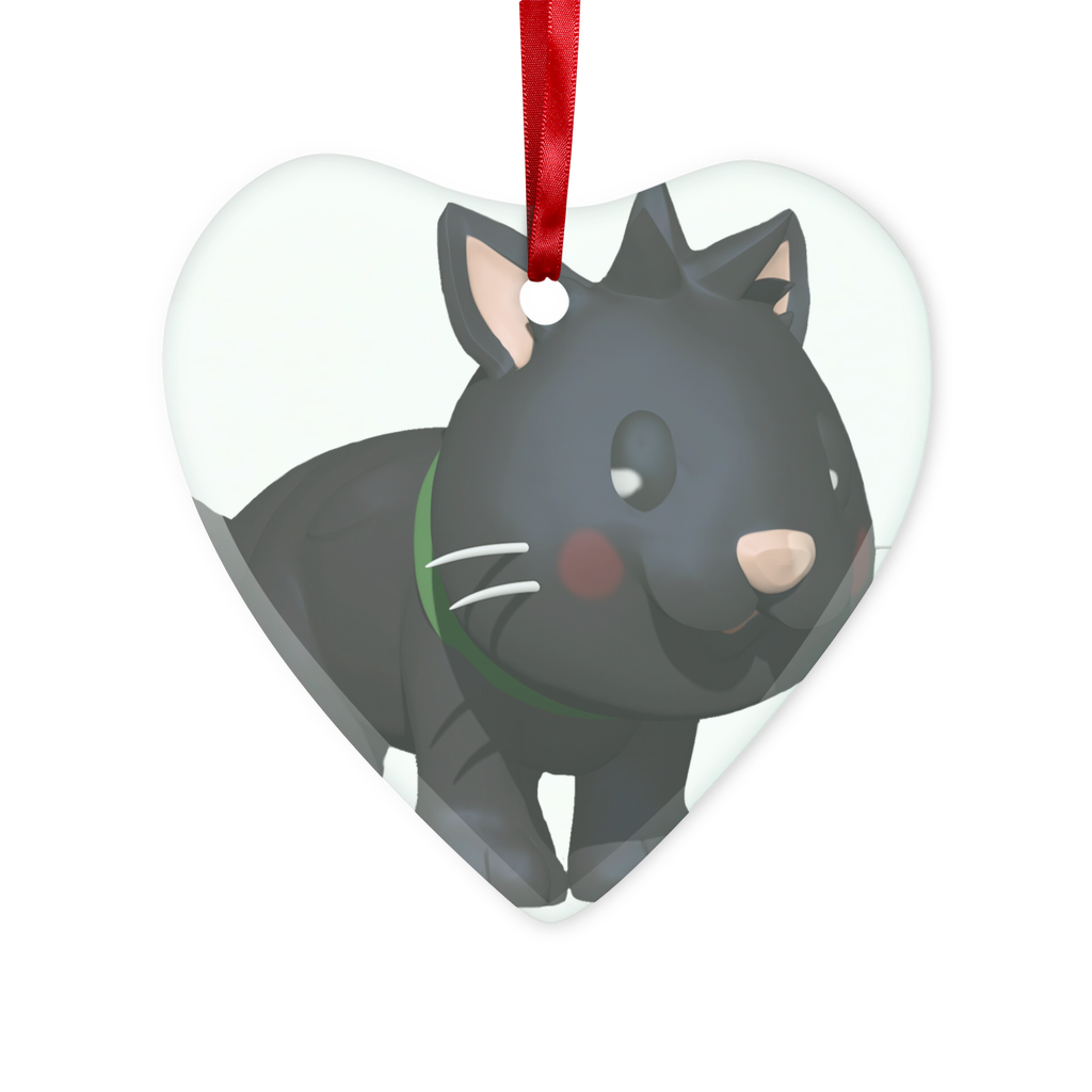 Black Kitty Glass Hanging Ornament with red ribbon and gold string, available in round and heart shapes, elegantly packaged in a white box.