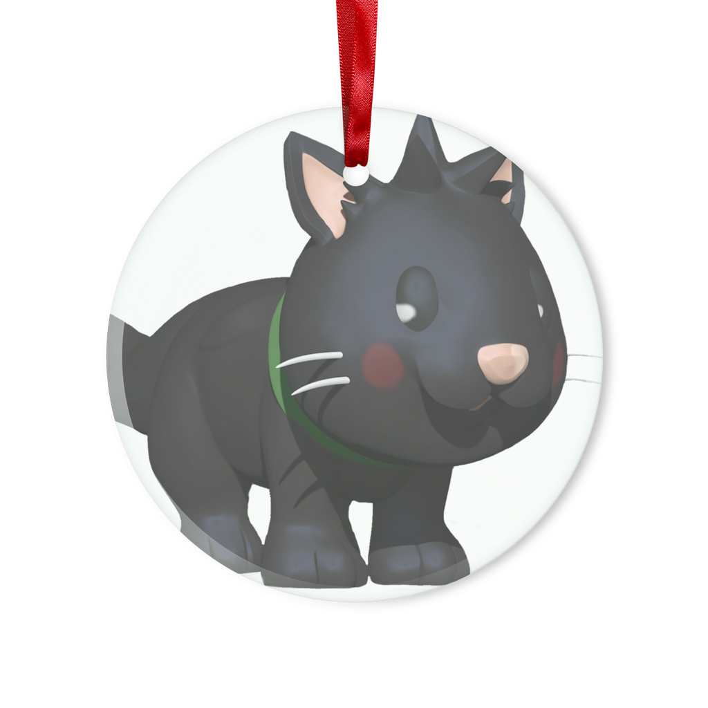 Black Kitty Glass Hanging Ornament with red ribbon and gold string, available in round and heart shapes, elegantly packaged in a white box.