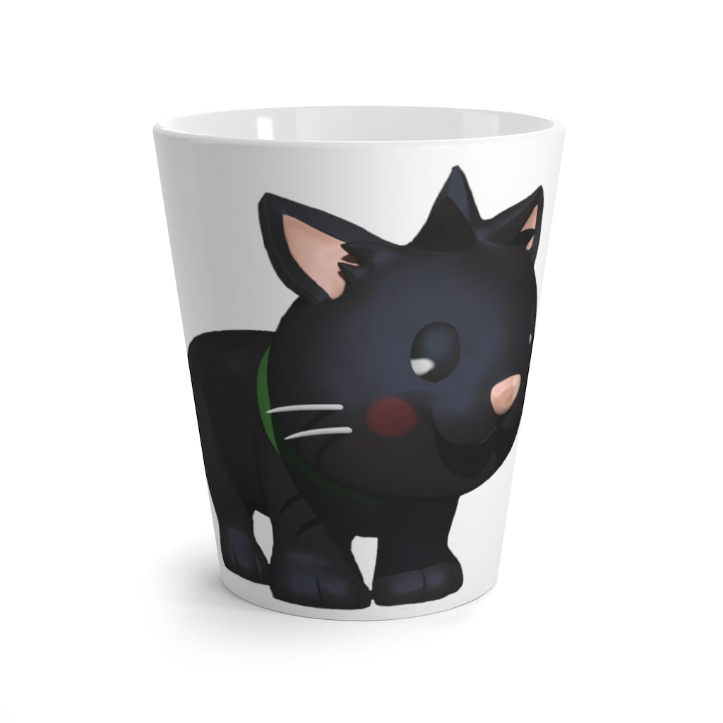 A stylish black ceramic latte mug featuring a playful kitty design, perfect for coffee lovers.